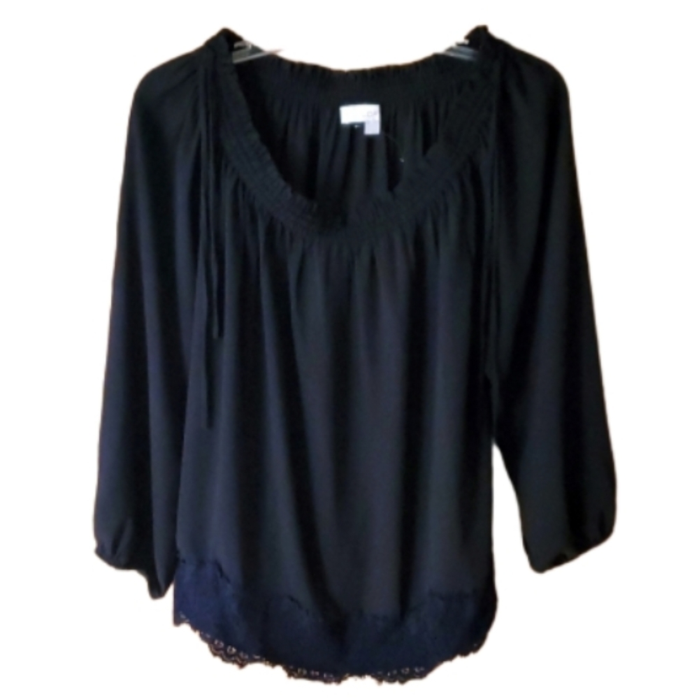 Ann Talyor LOFT Womans Black Semi Sheer Lace Peasant Blouse- Adjustable Neckline